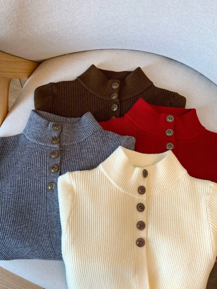 เสื้อไหมพรมผู้หญิงสำหรับฤดูใบไม้ร่วงและฤดูหนาว คอสูง ทรงเข้ารูป ดีไซน์ผ่าเอว สไตล์เกาหลี เนื้อผ้านุ่ม แขนยาว