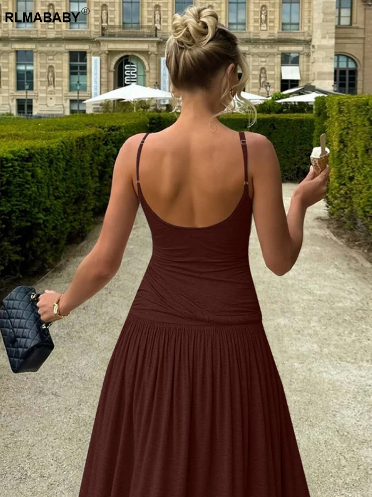 RLMABABY مثير السباغيتي حزام عارية الذراعين الملتوية Ruched المرأة Bodycon فستان طويل بلا أكمام منخفضة الرقبة الشارع الشهير غمد فستان ماكسي #6