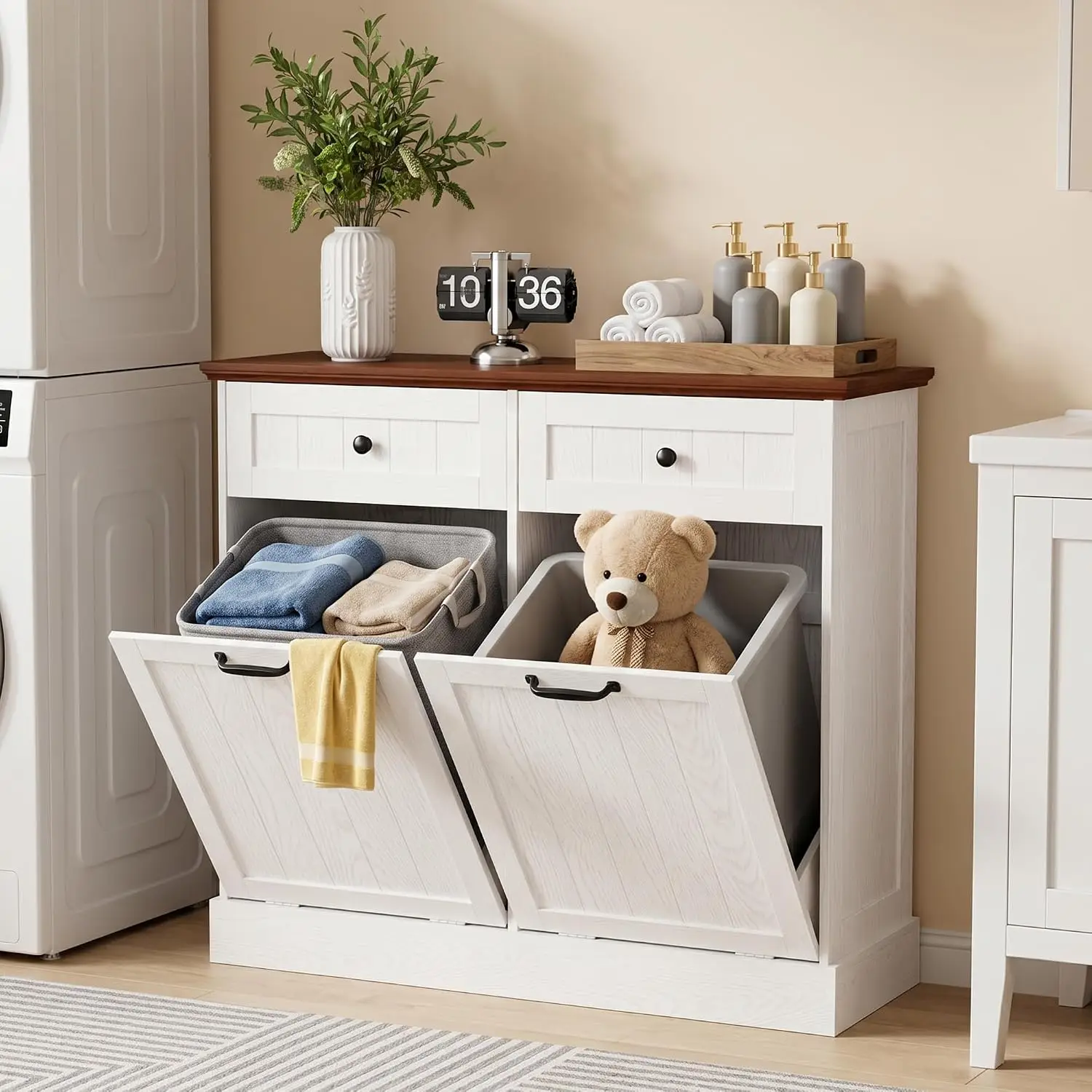 20 Gallon Tilt Out Trash Cabinet, Freestanding Hidden Garbage Bin Storage with Drawer, Laundry Hamper for Kitchen, Customized