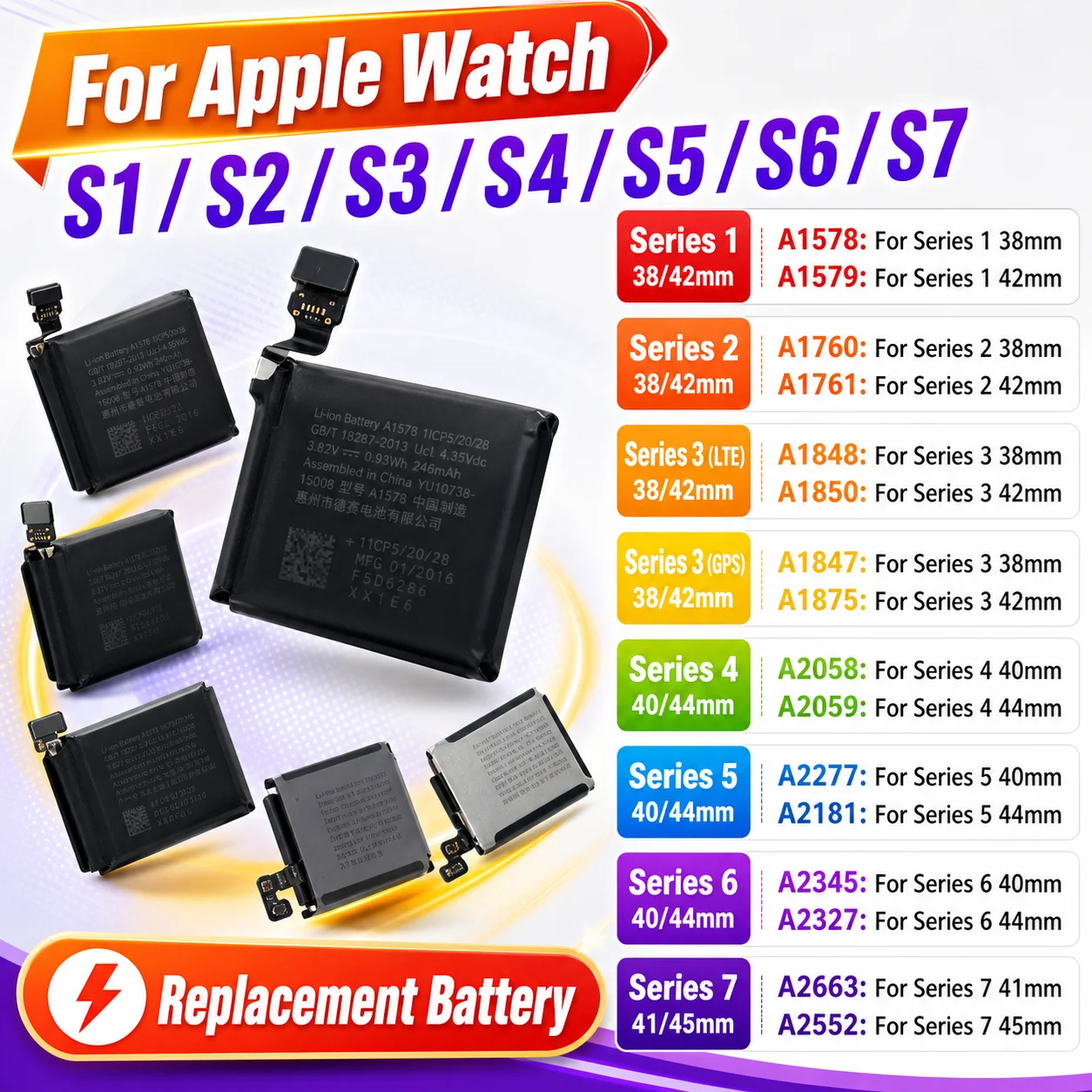 Сменная батарея для умных часов Apple Watch Series 1 2 3 4 5 6 7 SE, для iWatch 38/40/41/42/44/45 мм LTE, батарея для ремонта.