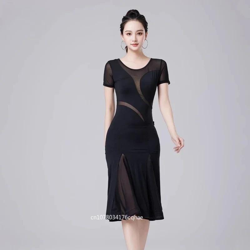 

New Hot Latin Dance Practice Clothes Short Sleeve Dress Black Mesh Splicing Dresses Tango Dance Performance Women Rumba Costumes