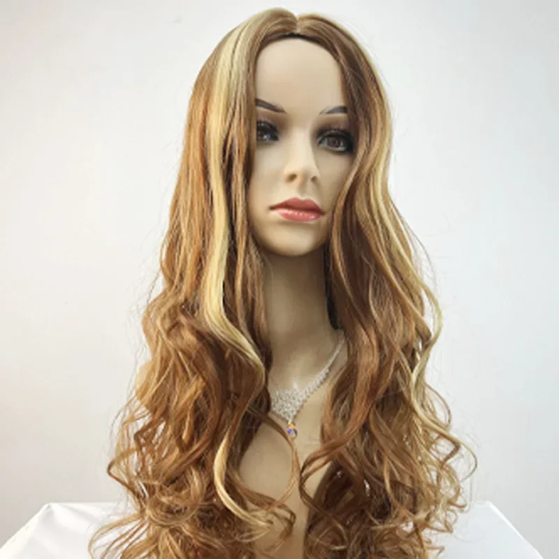 Fashion Long Blonde Mixed Brown Synthetic Wig for Woman Wavy Cosplay Lolita Party Natural Heat Resistant Wigs