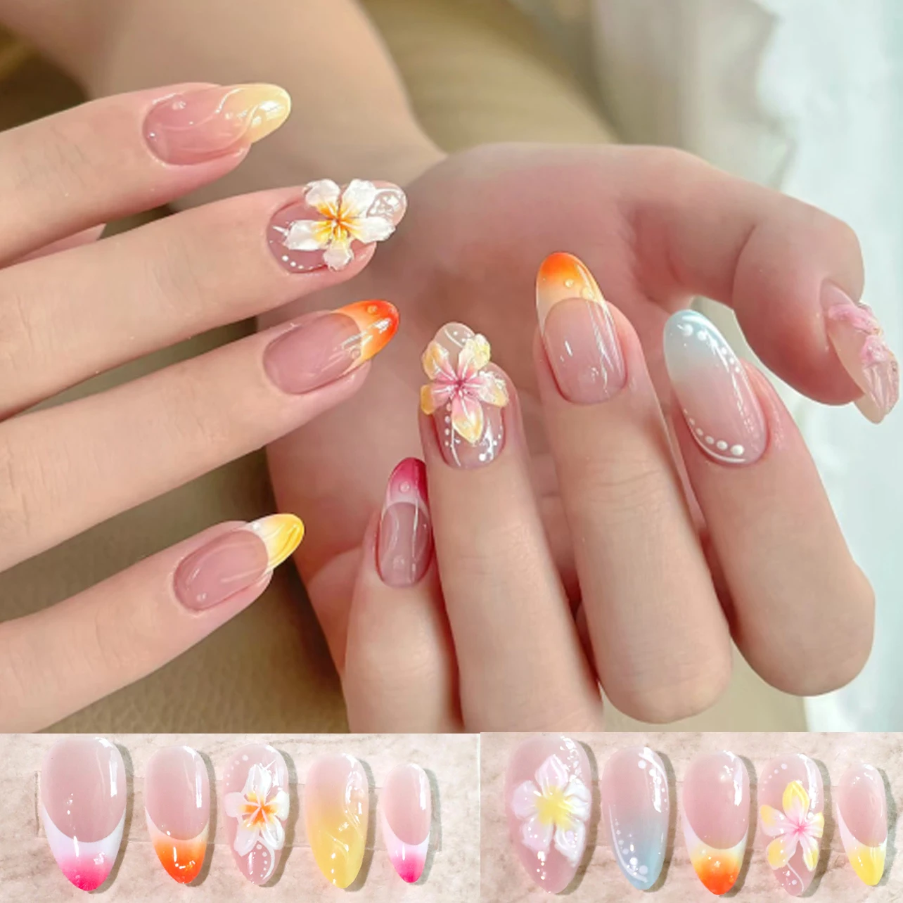 

Cute 3D Pink Peach Blossom Flower Rhinestone Pearl Nail Art Nude Color False Nails Detachable Finished Fake Nails Press on Nails