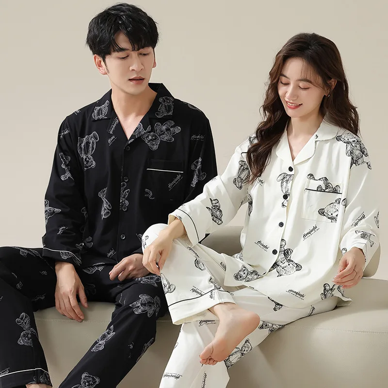 Spring Cotton Long Sleeve Couple Sleepwear Simple Design Men Women Two-piece Set Home Clothes Soft Nightwear pijama para parejas