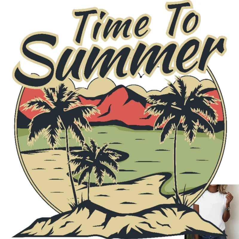 Vintage 'Time To Summer' Beach Coconut Tree Heat Transfer White Ink Iron - on Patch, Suitable for T - shirts/Canvas