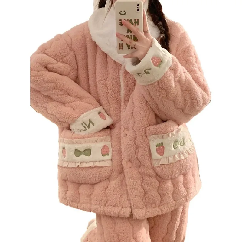 2024 neue Frauen Winter Korallen Fleece Pyjama Famale drei schicht ige Baumwolle Flanell Lounge wear niedlichen Mädchen nach Hause Nachtwäsche Set Jugend Pijama