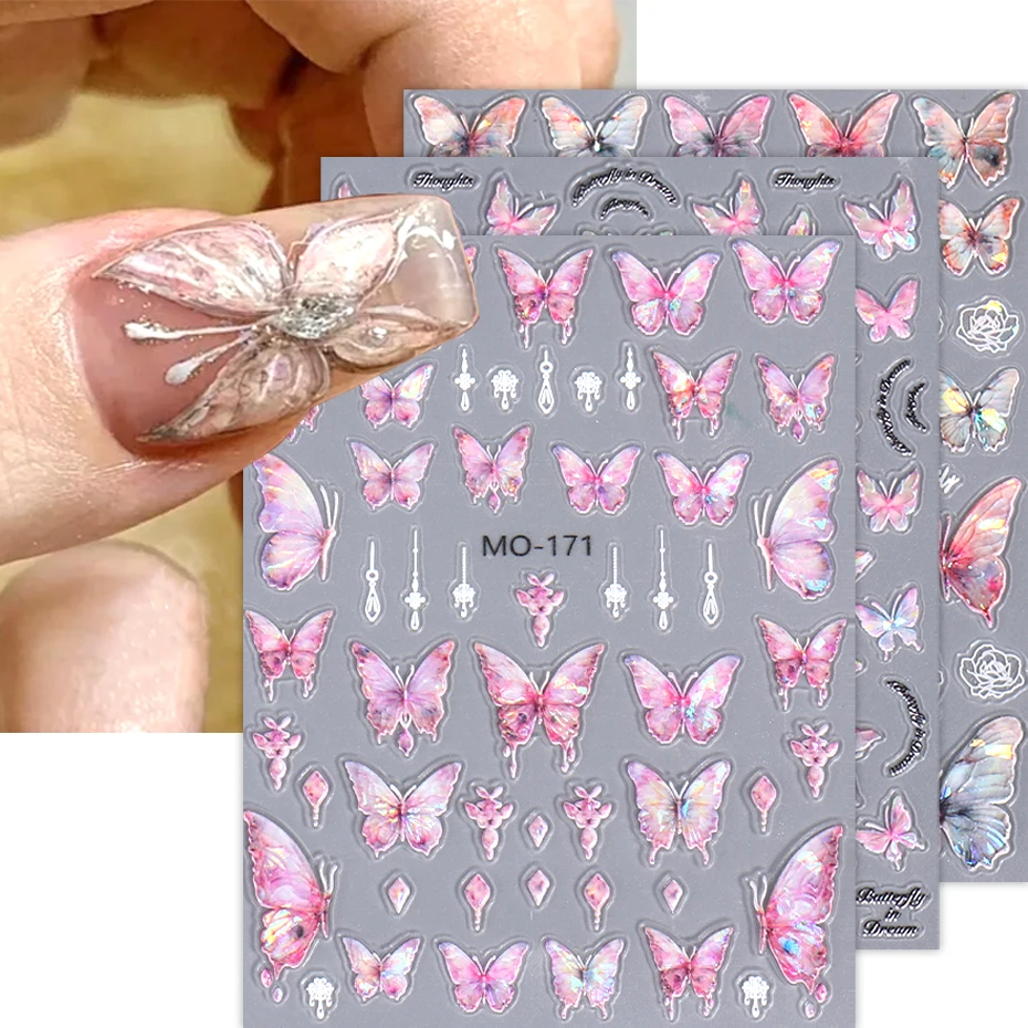 Pink Butterfly Nail Manicure Sticker Holographic Crystal Fairy Rose Flowers Adhesive Decals Charm Manicure Art Foils Wraps JIMO