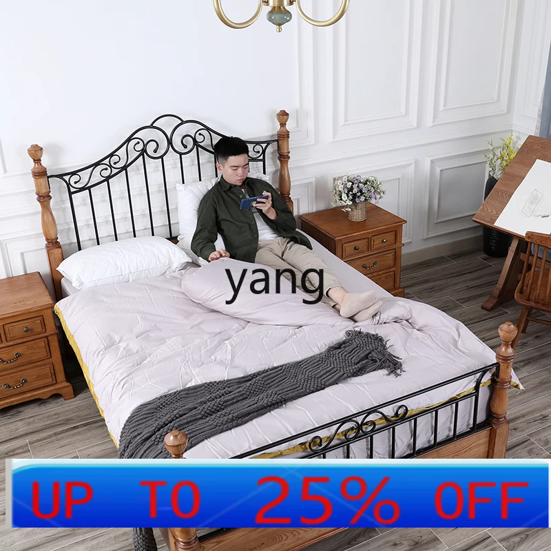 

Lmm ash wood retro wrought iron simple log bedroom double bed