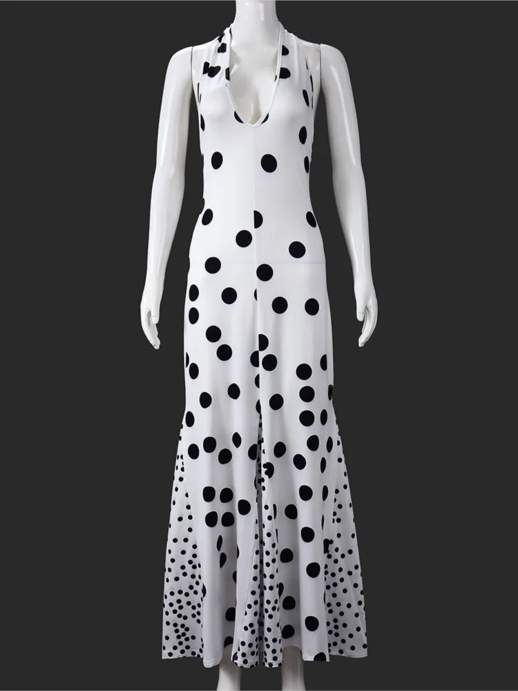 Elegant Women Dress Summer Autumn Fashion Simple Polka Dot Sleeveless Cinched Waist Maxi Bodycon Streetwear Soft Vestidos