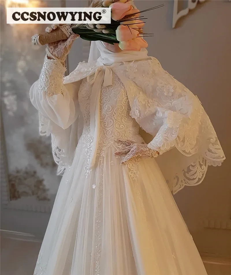 Vestido De Noiva Muçulmano Do Laço para A Noiva com Cabo Manga Longa Islâmica Vestidos De Noiva Gola Alta Mulheres Árabe Dubai Robe De Mariée