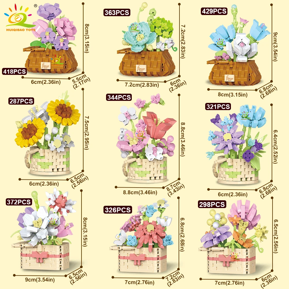 HUIQIBAO MOC Flower Pot Micro Building Block DIY Rose Sunflower Bouquet Mini Diamond Model Brick Toy for Children Desk Decor.