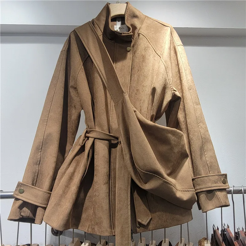 

SuperAen England Style Design Loose Suedette Stand-up Collar Trench Coats for Women 2025 Autumn New Lace-up Coats
