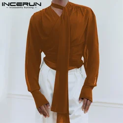 INCERUN Men Shirt Solid Color Transparent V Neck Long Sleeve Lace Up Men Clothing Streetwear 2024 Pleated Fashion Casual Camisas