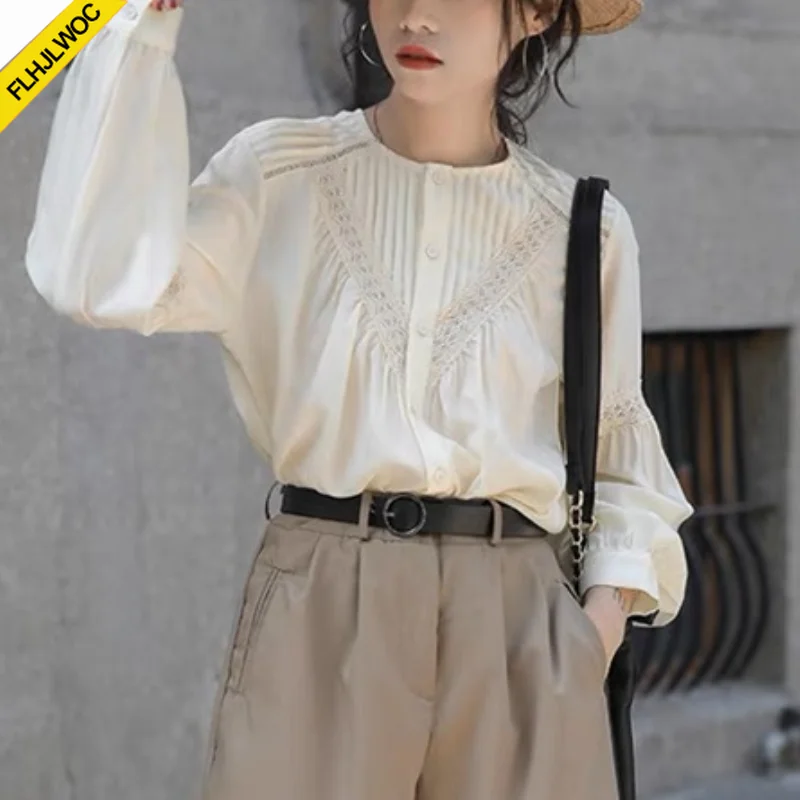 Cute Chic Tops Korea Japan Style 2024 Autumn Long Sleeve Casual Cute Retro Vintage Women Hollow Out Lace Top and Blouses