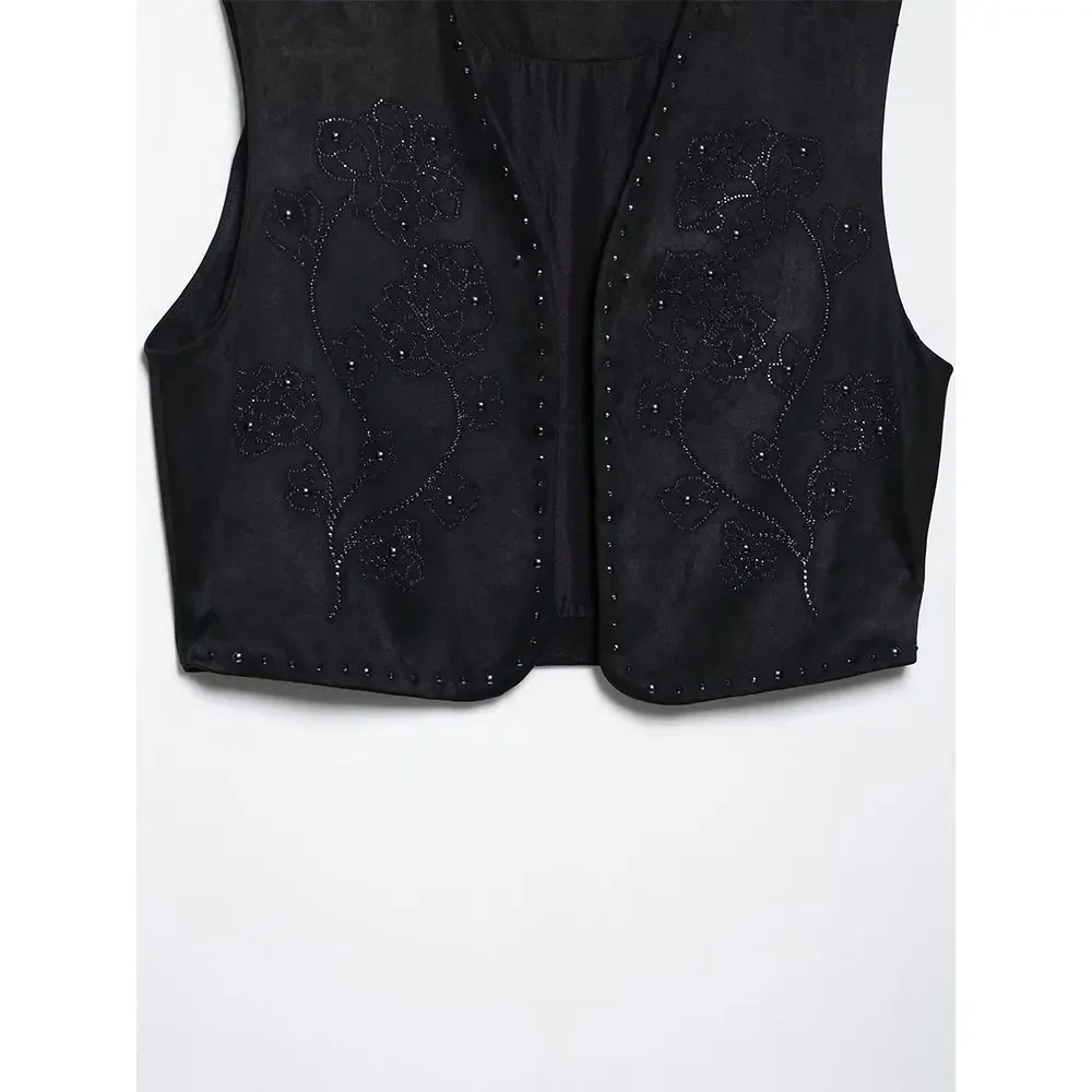 新しいファッション女性ビーズフランネル黒チョッキノースリーブ V ネックジャケットベスト女性エレガンスシックな女性 Mujer タンクトップ