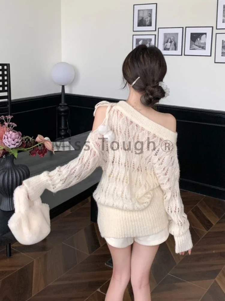 Apricot Soft Sexy Off Shoulder Pullover Women Sweet Long Sleeved Knit Sweater Winter Loose Hollow Out Casual Cover Up Tops 2024