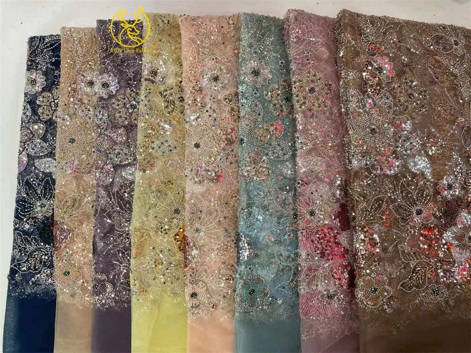 Afrikanischer Brautkleid-Stoff mit Stickerei und Perlen, hochwertiger nigerianischer französischer Pailletten-Tüll-Mesh-Spitzenstoff für Brautkleider – Detail 4