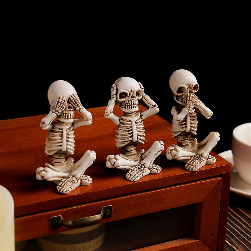 Skeletons Statue Hear See Speak No Halloween Figurines Home Decorative, Set Of Three