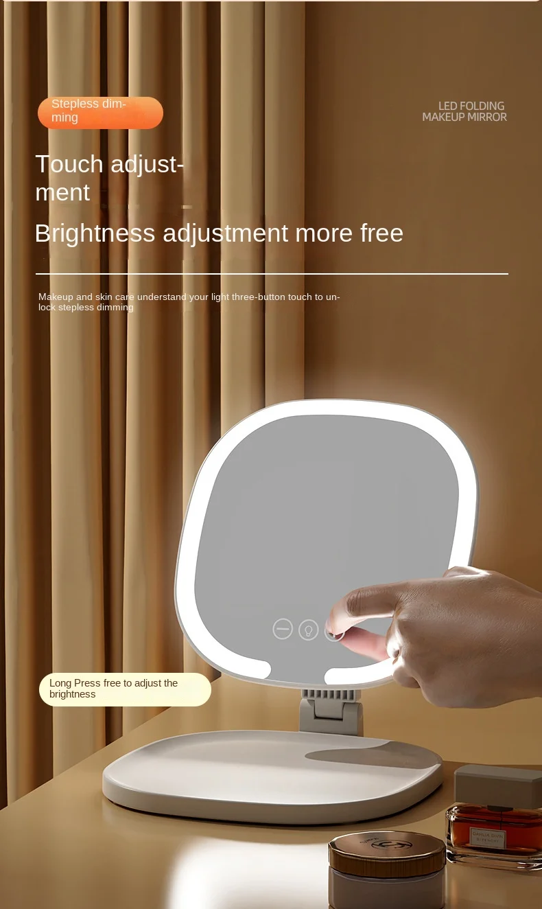 Faltbarer LED-Schminkspiegel mit Lichtern, 3-farbig verstellbare Helligkeit, Desktop-Kosmetikspiegel für Reisen, Zuhause, Badezimmer, Essentials