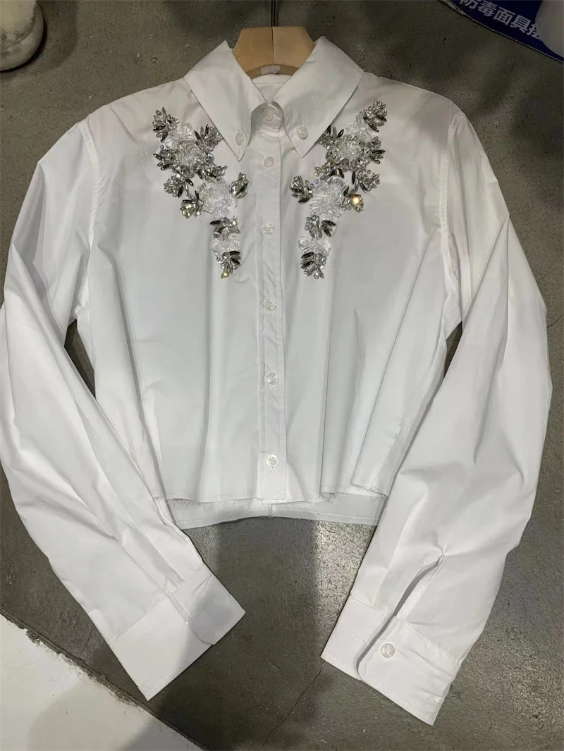 Exquisite Rhinestone koszula damska bluzka Retro Socialite elegancka klapa z długim rękawem biały Blusas Top 2023 wiosna nowy Camisas