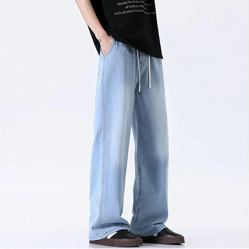 Jean classique décontracté pour homme, pantalon en Denim, ample, droit, coupe cintrée, taille élastique, gris fumé, bleu clair, hiver