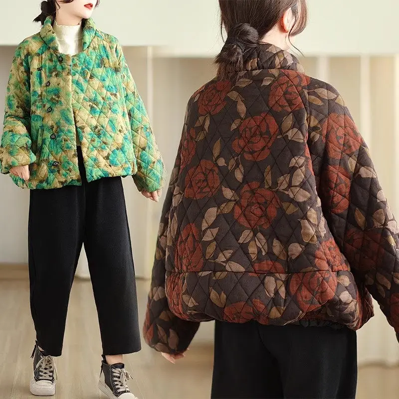 

Printed Stand Collar Cotton Jacket Women's Winter Ethnic Style Loose Fitting Large Size Casual Short Thicken Quilted Coat C108