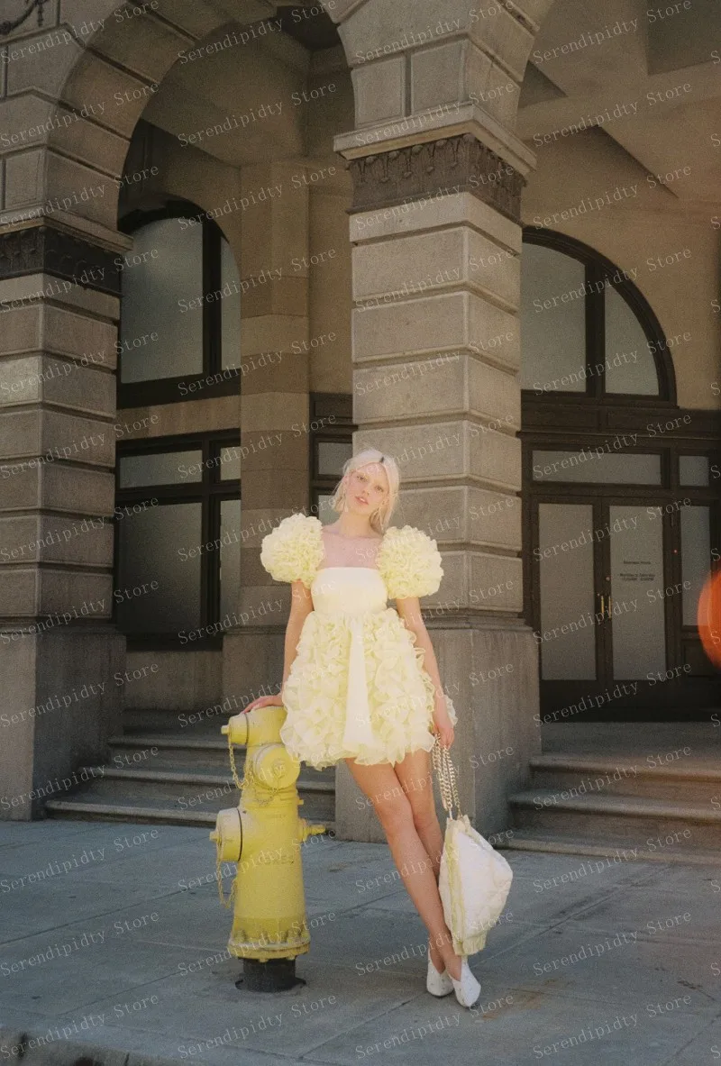 Ever azole-Robe de soirée en mousseline de soie jaune pour femme, col carré, manches courtes, volants, tulle, couches, bébé, vêtements d'été