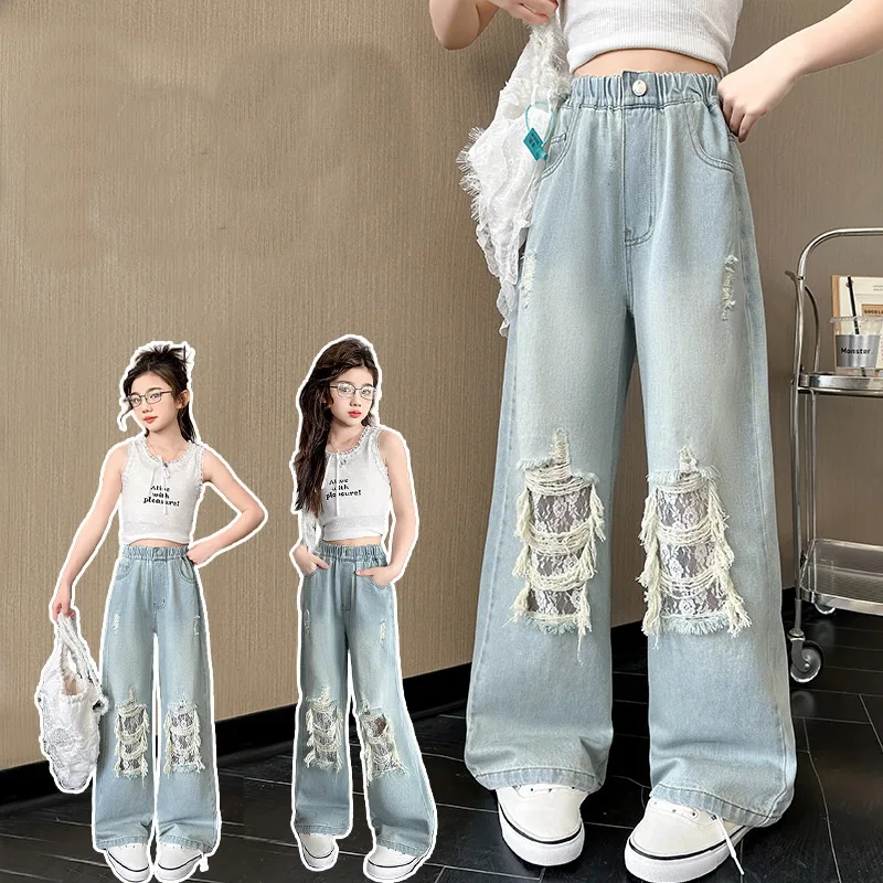 Spring Summer Children Fashion Solid Ripped Jeans With Lace Hole For Girl Hip Hop Style Denim Pants Kids Fancy Destroyed Trouser