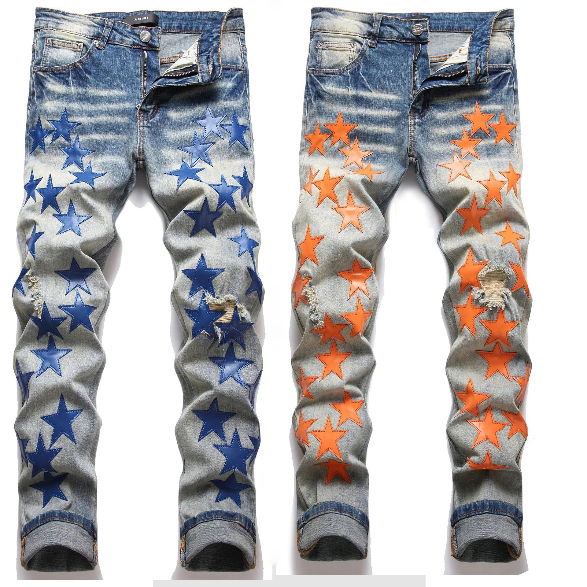 Light Luxury Men’s Street Fashion Light Blue Jeans,Stars Patches Ripped Denim Pants,Trendy Stretch Casual Jeans Pants;