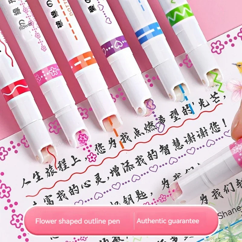 6 Stück Linienförmige Textmarker mit Rollspitze, Kurvenmarker, Graffiti-Stifte, Kawaii Koreanisches Schreibwaren-Set für Schule und Büro