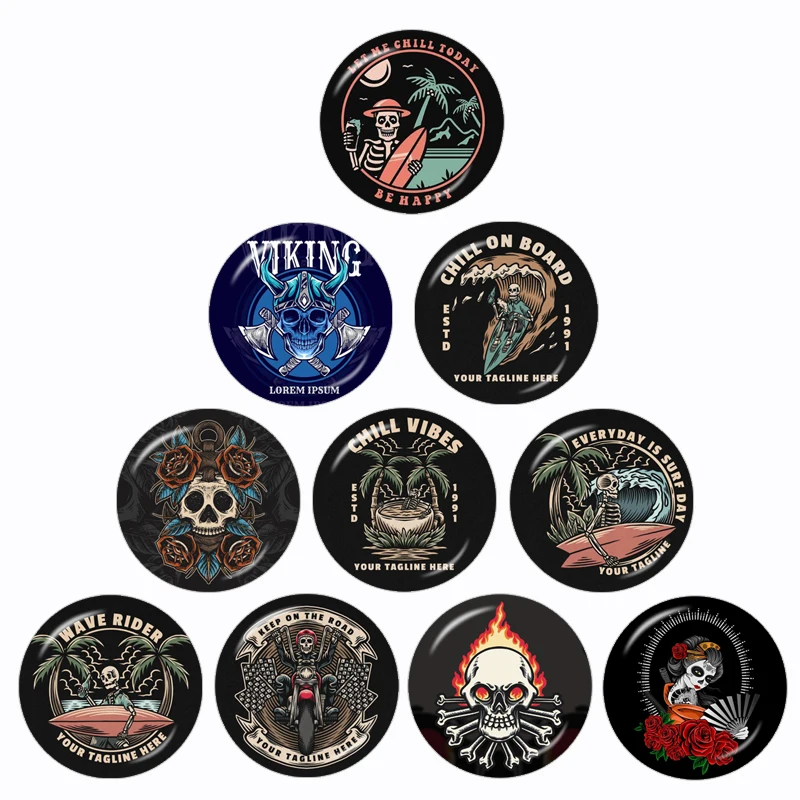 Vintage Skull Surf Logo 10 Pcs 12mm/16mm/18mm/20mm/25mm/30mm Round Photo Glass Cabochon Demo Flat Back Making Finding