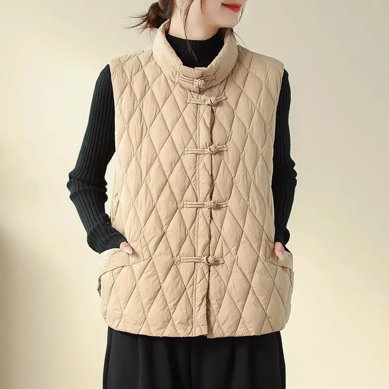 Retro Women Vest 2023 Autumn/Winter Disc Buckle Lightweight Down Cotton Coat Stand Collar Sleeveless Waistcoat Jacket Z4370