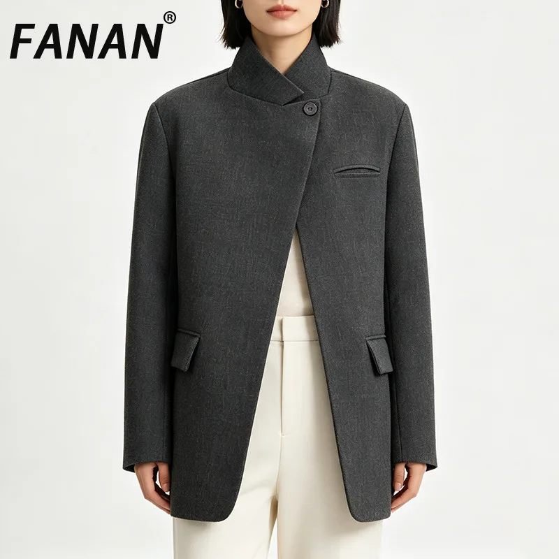 FANAN Women Dark Grey Stand Collar Blazer Asymmetric Single Button Long Sleeve Pockets Loose Minimalist Elegant Office Jacket