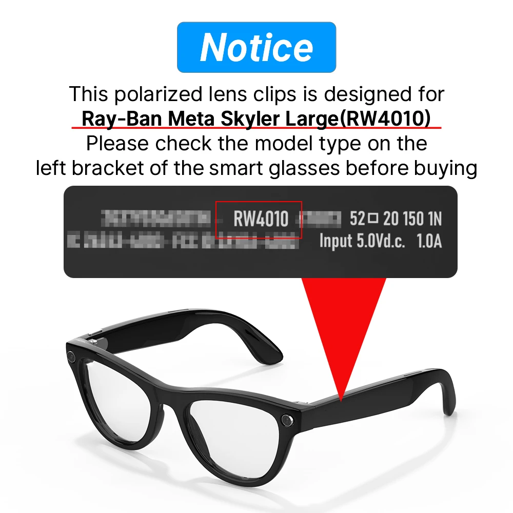 HiBLOKS Klipsy do okularów inteligentnych Ray-Ban Meta Skyler RW4010/RW4014 (Gen 2) z soczewkami przeciwsłonecznymi z ochroną UV, akcesoria do okularów AI — zdjęcie produktu 3