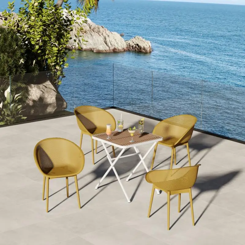 2-Pack Earthy Yellow Modern Lounge Chairs - All-Weather PP Plastic with Multi-Functional Folding Square Table - PP Top and