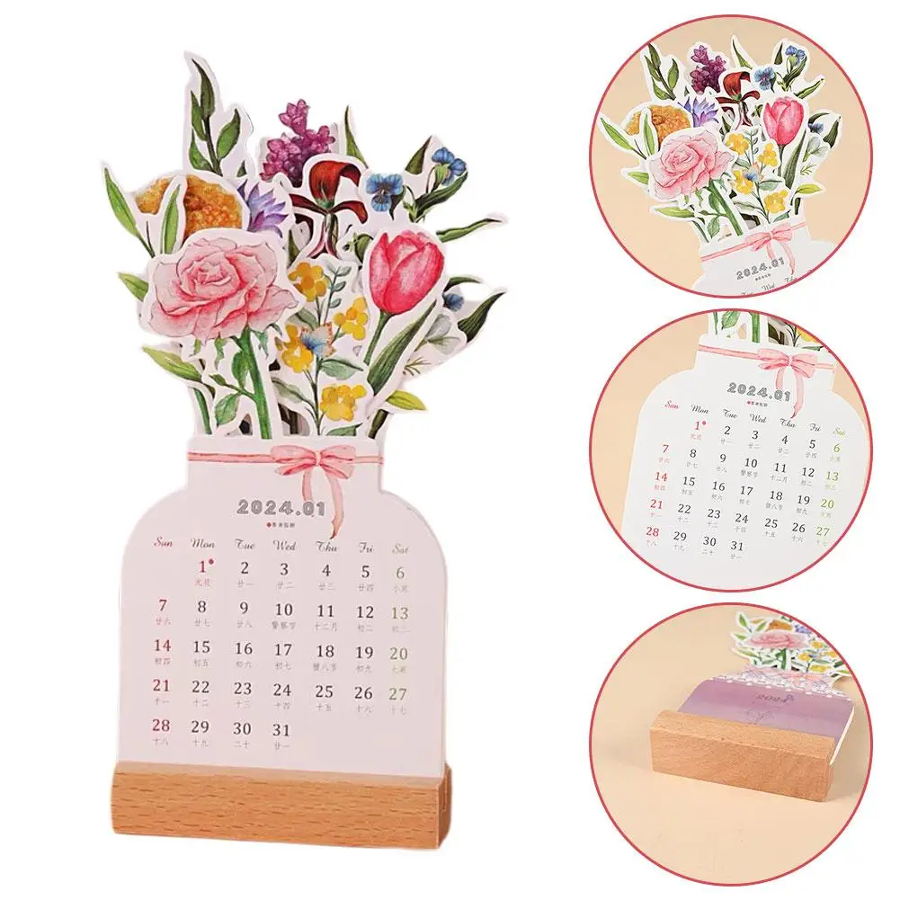 2024 neue kreative blühende Blume Schreibtisch Kalender kreative Holz karte Kalender Desktop-Kalender Illustrator dekorieren Lieferungen