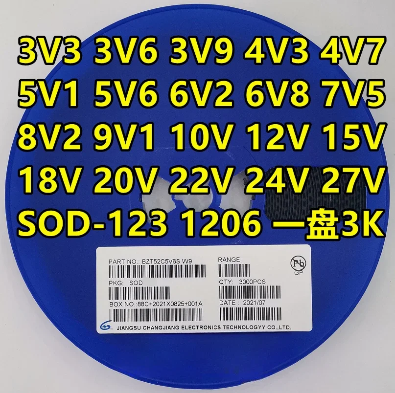 3000Pcs 1206 BZT52C 2V4 2V7 3V 3V3 3V6 3V9 4V3 4V7 5V1 5V6V 6V2 6V8 7V5 8V2 9V1 10V 11V 12V 13V 15V 18V SOD123 Evaluation board