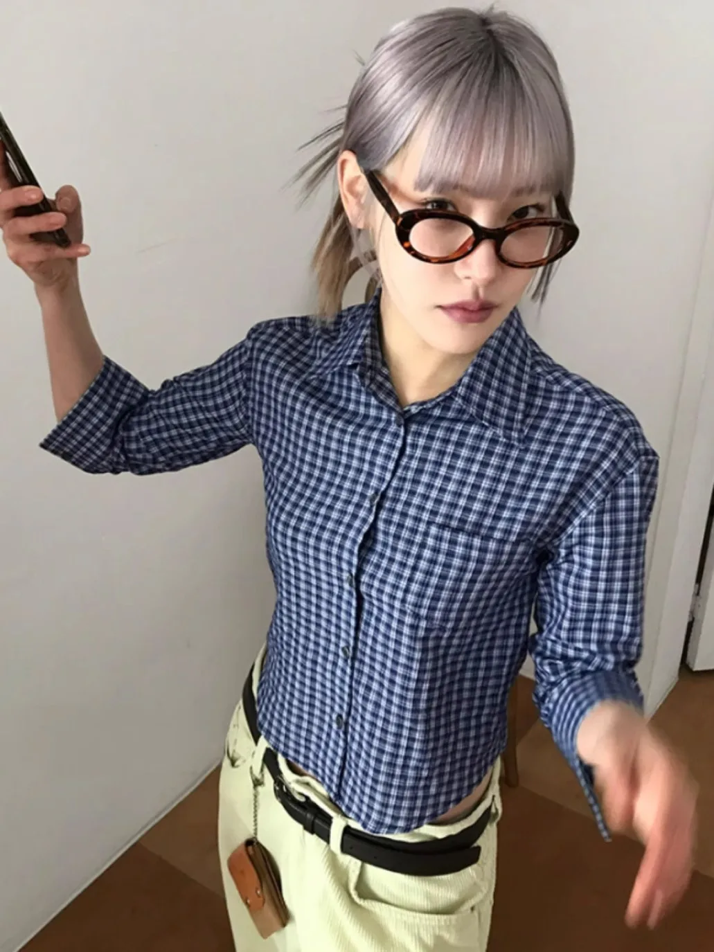 

Street Sle Slim Fit irt Long Sve Collar Plaid Pattern k Blue ort Length Waist Cinching Slimming Women's Blouse