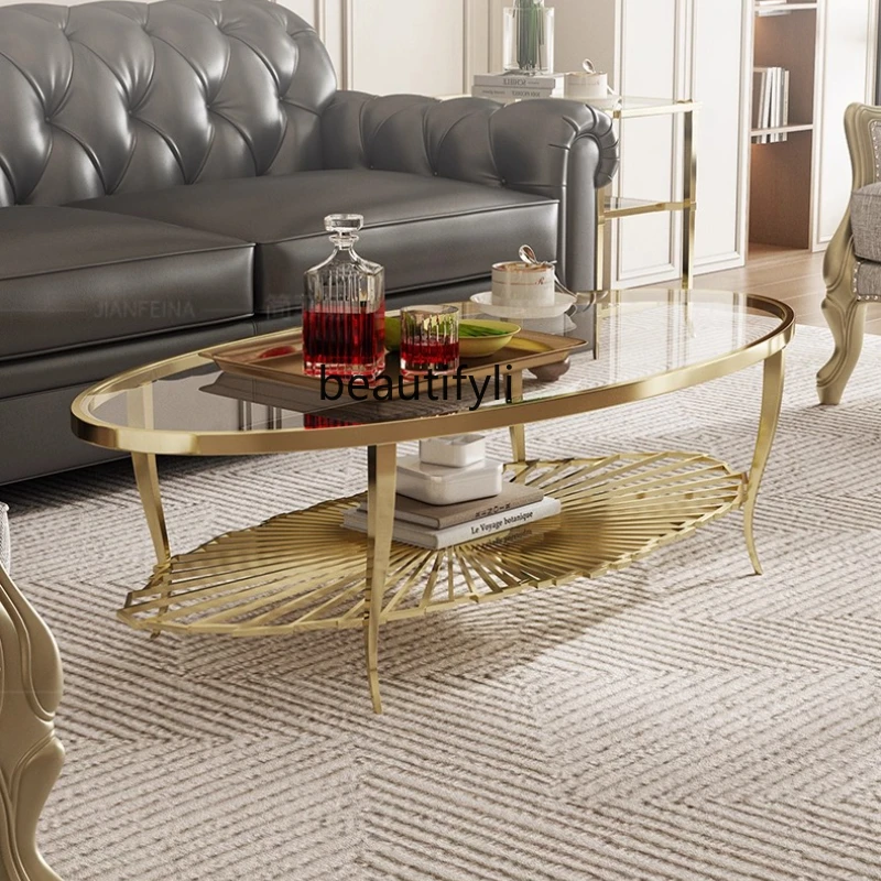 

Light luxury designer creative living room corner few balcony small round table oval coffee table