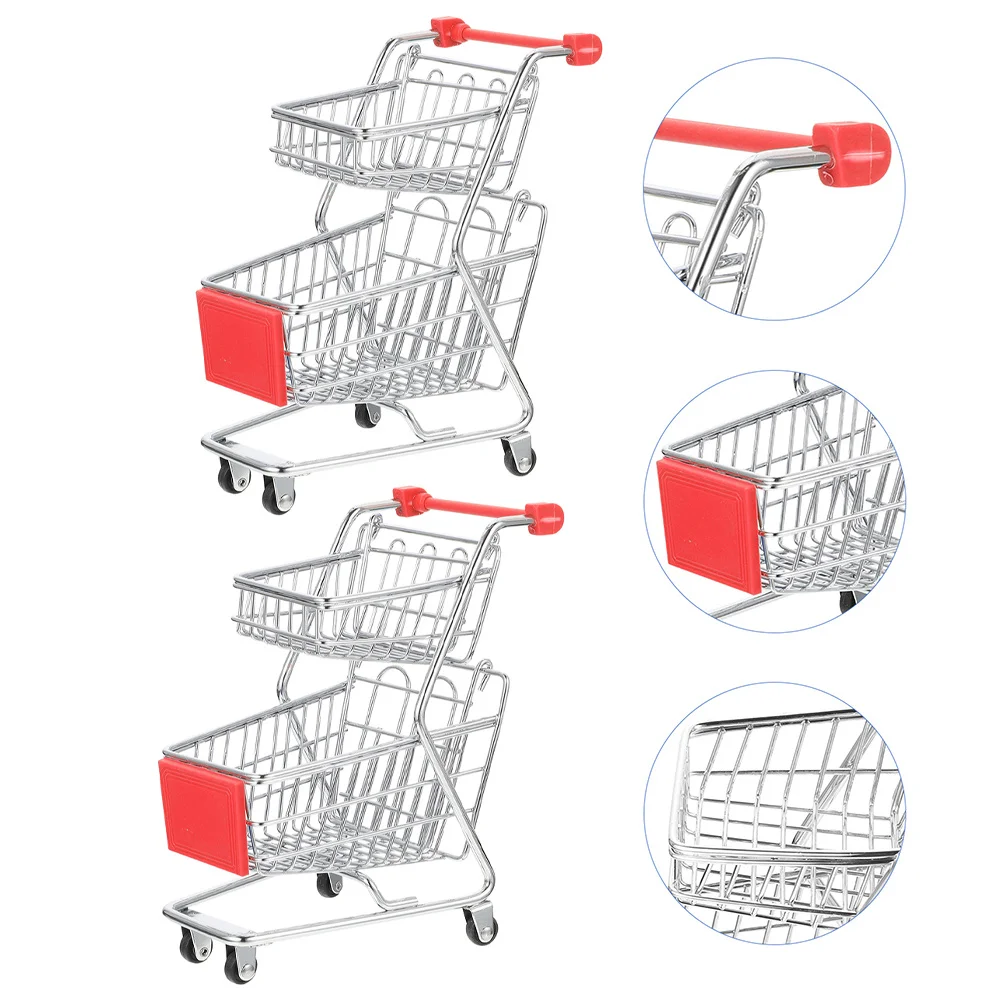 

2Pcs Mini Shopping Cart for Kids Exquisite Desktop Decor Storage Container Small Handcart Organizer for Home Office School