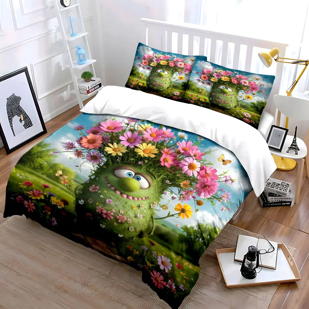 Green plant-like creature surrounded flowers Printed Duvet Cover Set 1Duvet Cover 2Pillowcase Multi Size Bedroom Bedding Decor