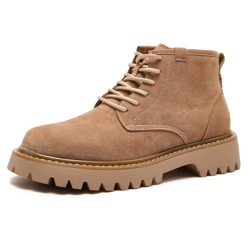 

British Style Thick Soled Lace Up Work Motorcycle Boots Men's Shoes Cow Suede High Top Casual Western Desert Boots Male Brown
