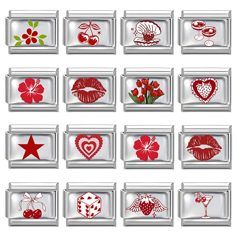 New Design Red Lips Heart Star Flower Shell Ball Cherry Italian Charm Links Fit 9MM Stainless Steel Bracelet Jewelry DIY Making