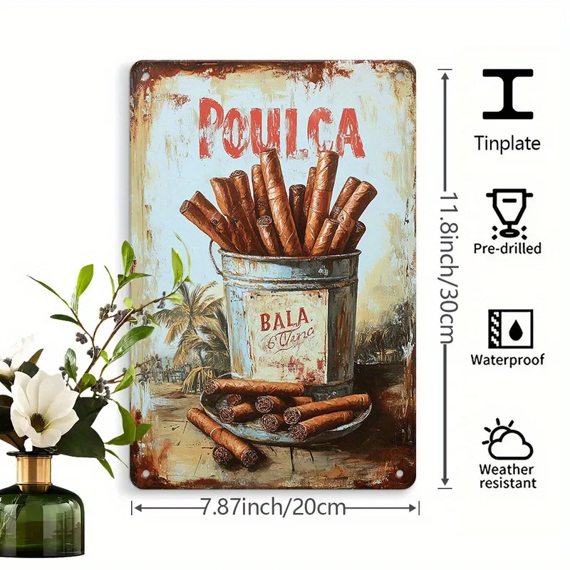 Vintage Cigar Theme Metal Sign - , Rustic Iron Wall Art with Full Bucket of Cigars & Scattered Cigars, Tree Background,