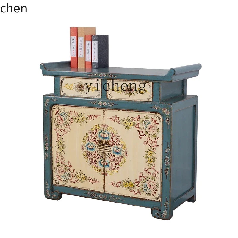 YFY  Furniture Solid Wood Distressed Painted Hallway Cabinet Ming and Qing Vintage Storage Blue Warped Head Sideboard Cabinet