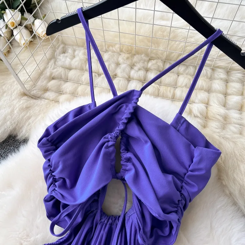 Sexy Hollow Out Halter Backless Slip Dress Chic Vintage Evening Party Club  Women Chic Summer Sweet Beach Pleated Long Dresses