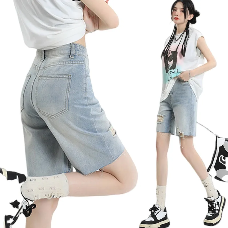 

Wear Denim Punched Non Elastic Women's Five Point Denim Shed Shoot 2025 Spring/Summer Trendy