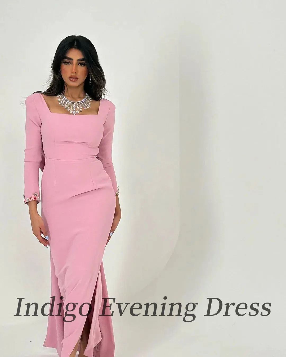 Abiti da sera in raso rosa indaco collo quadrato lunghezza alla caviglia Sexy Backless Women elegante abito da festa formale 2024 muslimexlimah