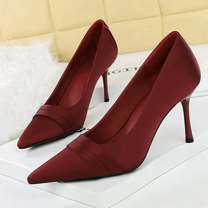 Women Elegant Burgundy 8cm High Heels Dress Shoes Female Fashion Valentine Date Shoes Lady Concise Satin Pointed Toe Shoes