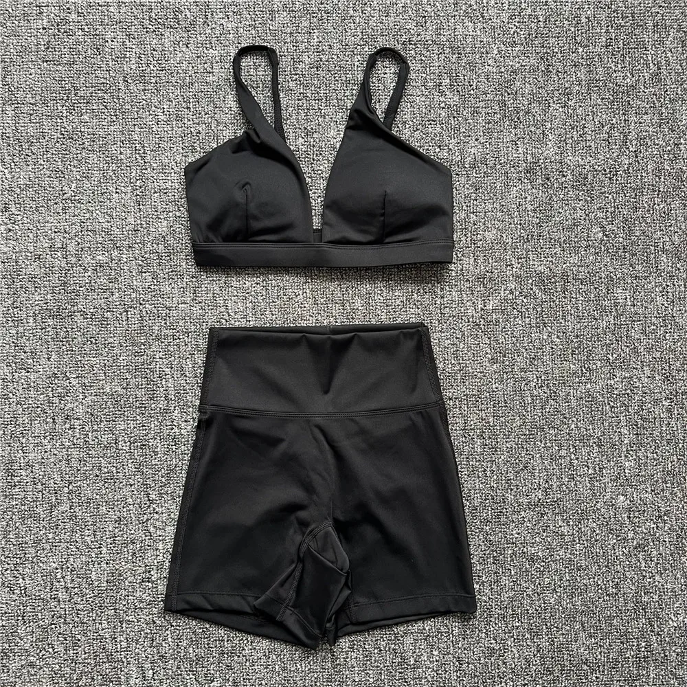 2PCS Nude Deep VNeck Sport Bra Women Yoga Sets Workout Gym Scrunch High Waist Fitness Push Up Shorts Running Avtive Suit XP187 view 4